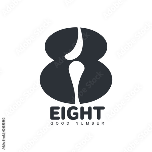 Abstract black and white number eight logo template made by cut out diagonal rounded shapes, vector illustration isolated on white background. Black and white number eight graphic logotype