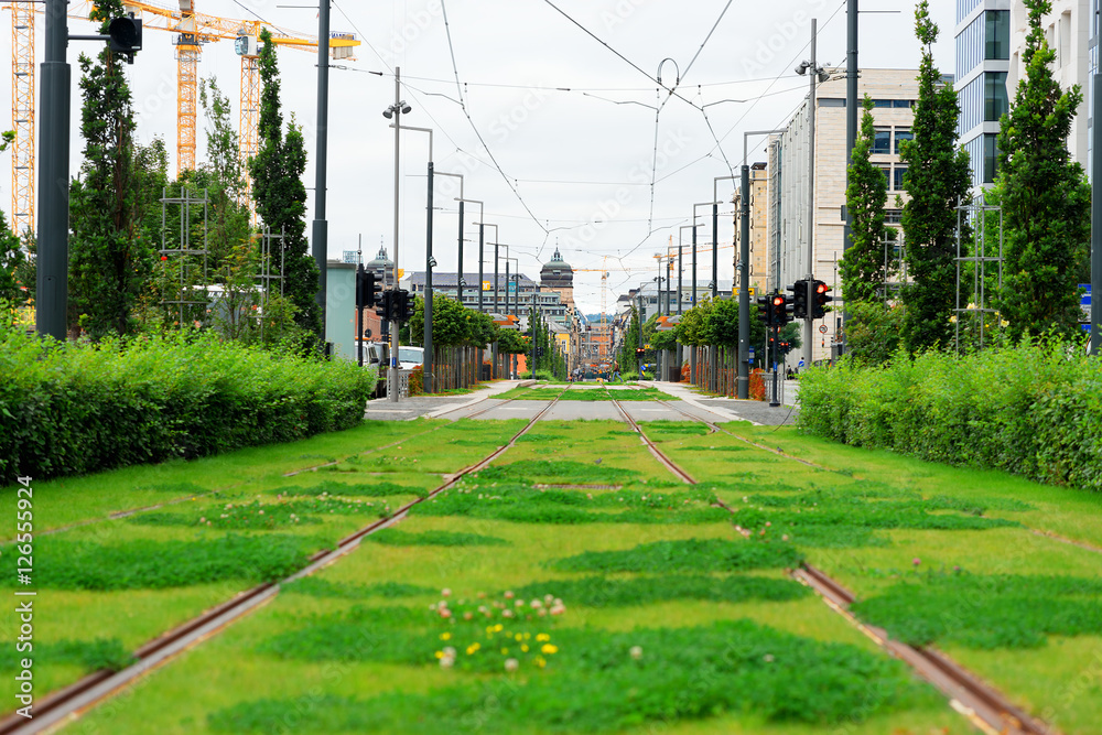 Oslo railway with green grass background