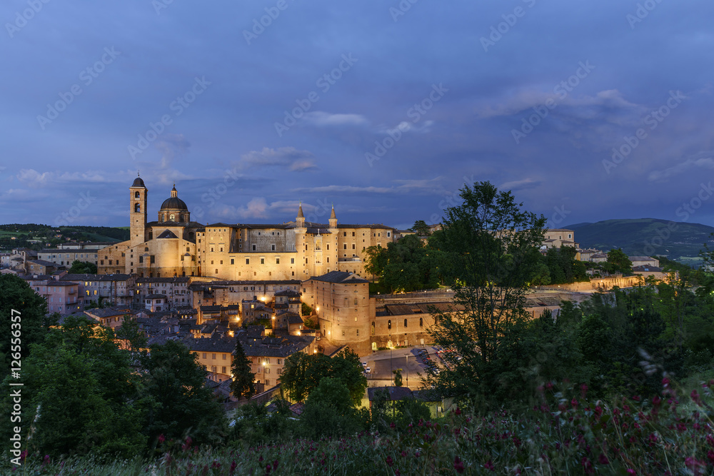 Illuminated castle Urbino Italy