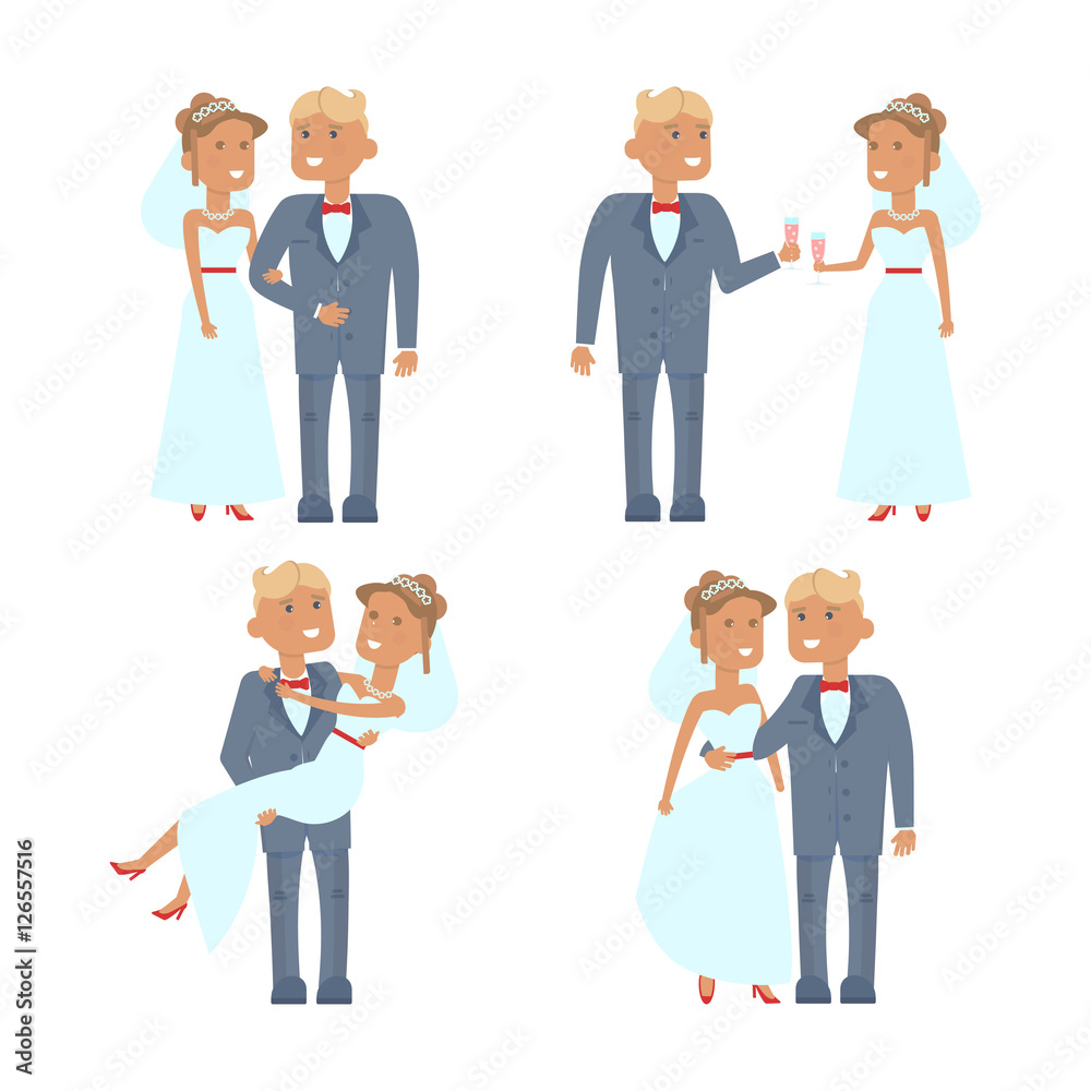 Set of wedding couple characters. Cartoon style. Vector illustration isolated on white background Set of wedding couple characters. Cartoon style. Vector illustration isolated on white background