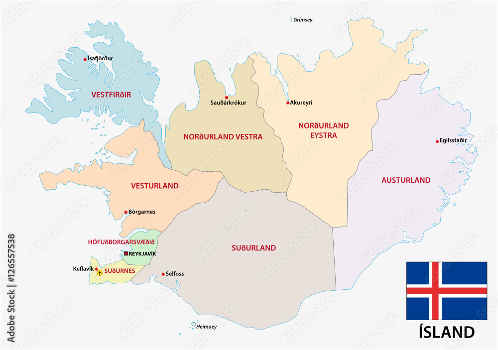 iceland administrative and political map with flag