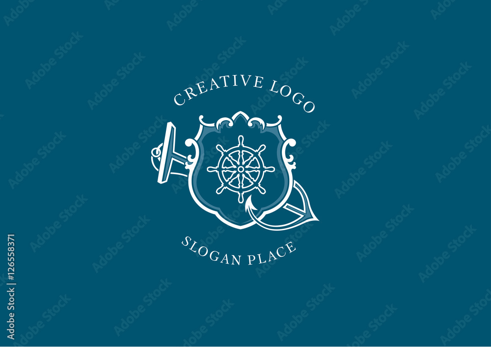 Creative Marine emblem, shield, anchor and steering wheel Creative Marine emblem, shield, anchor and steering wheel