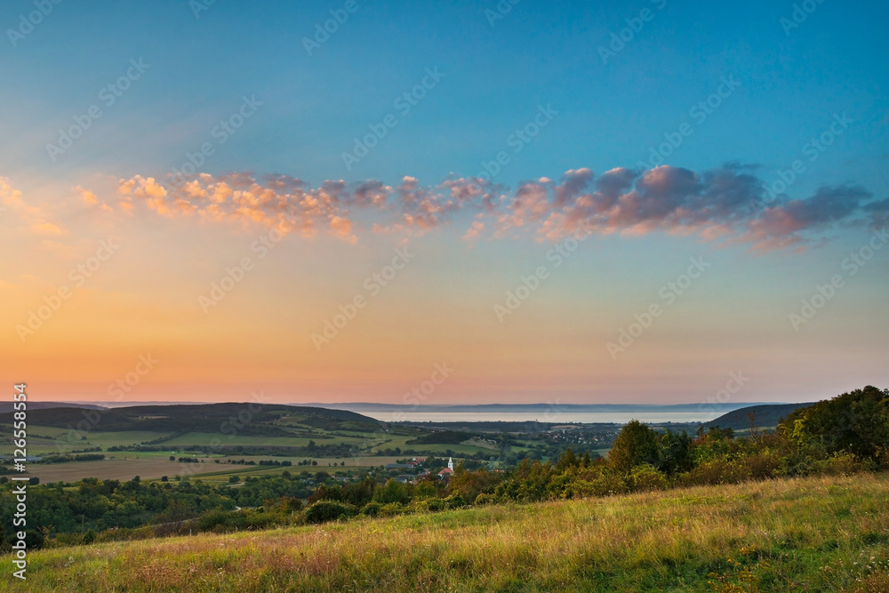 Balaton and Nivegy valley wine region after sunrise, Hungary