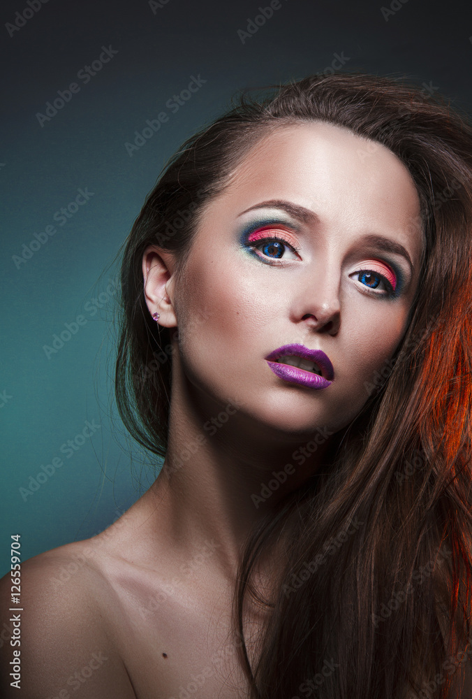 nice beautiful girl with blue eyes and lovely makeup on face nice beautiful girl with blue eyes and lovely makeup on face