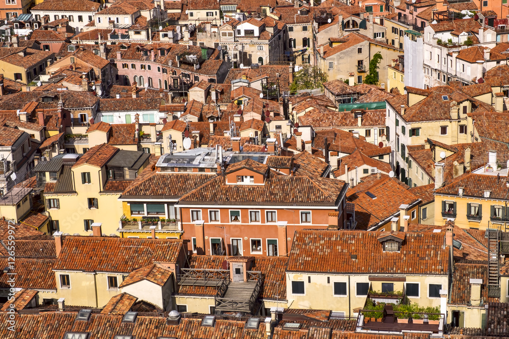 Venice aerial cityscape view with red tile roofs from San Marco Campanile. Venice, Italy.