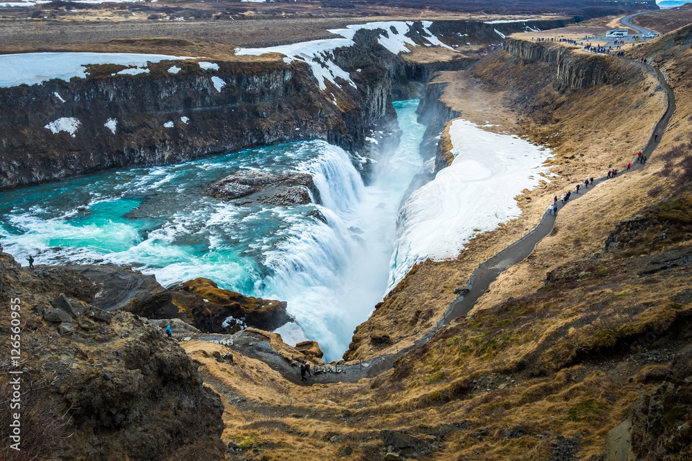 Gullfoss is a waterfall located in southwest Iceland. It is one of the most popular tourist attractions in Iceland.