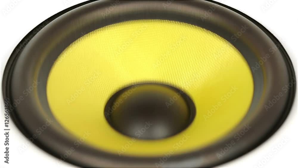 close up of a yellow pumping bass speaker isolated on white background close up of a yellow pumping bass speaker isolated on white background