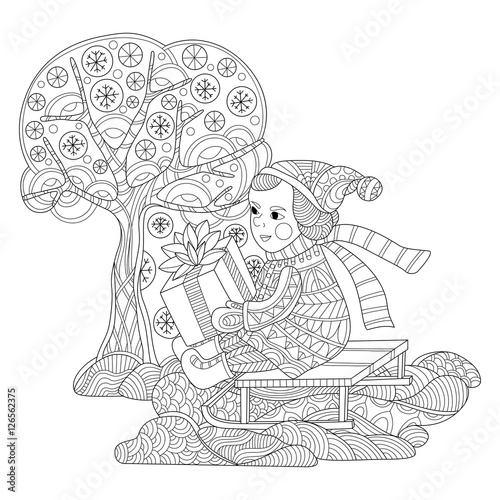 Girl with a present on a sledge coloring page in zentangle style