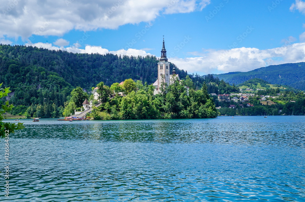 Bled lake in Slovenia, view at famous church