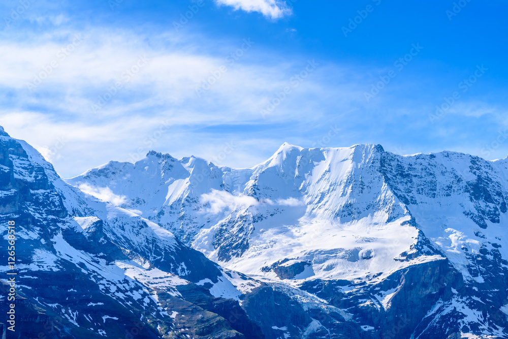 Obraz premium The Swiss Alps at Murren, Switzerland. Jungfrau Region. The valley of Lauterbrunnen from Interlaken.