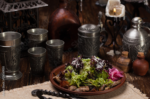 salad with meat  lettuce  and onion