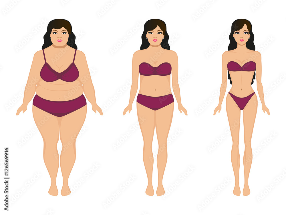 Woman slimming, fat slim girl, female weight loss Stock Vector