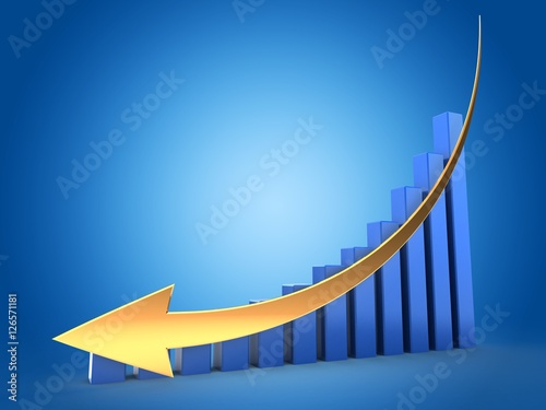 3d illustration of blue charts over blue background with down golden arrow