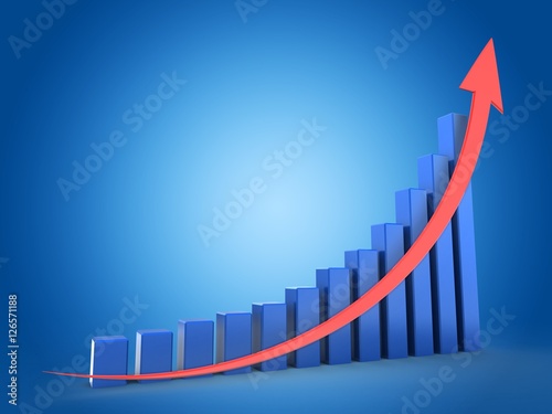 3d illustration of blue charts over blue background with red arrow up