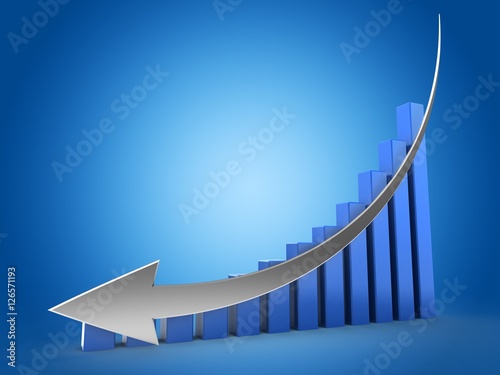 3d illustration of blue charts over blue background with down silver arrow