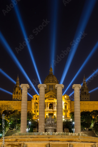 Photography Night view of Magic Fountain light show in Barcelona, Spain