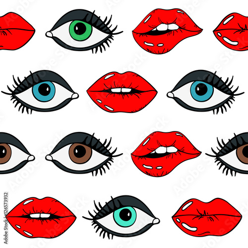 Seamless Pattern Of Female Eyes And Red Sexy Lips.