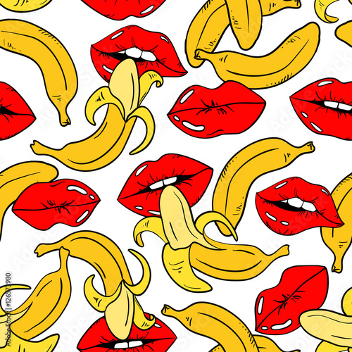Seamless Pattern Of Female Lips And Banana Fruits.