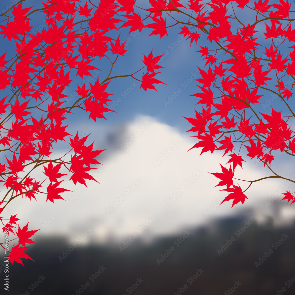 Greeting card with autumn landscape. Red maple leaves on branches on both sides. Japanese red maple on a background of mountains with snow-capped peaks. Greeting card with autumn landscape. Red maple leaves on branches on both sides. Japanese red maple on a background of mountains with snow-capped peaks.
