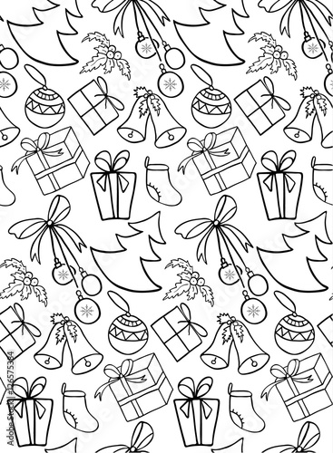 Drawing with Christmas figures. Illustration for a wrapping paper, wallpaper. Seamless vector pattern. Christmas background