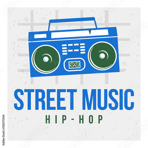 Blue cassette player Boombox on a gray background and the words: street music and hip-hop. Vector image. The concept of street art. Vintage. Can be used as graffiti, prints, posters, printed materials