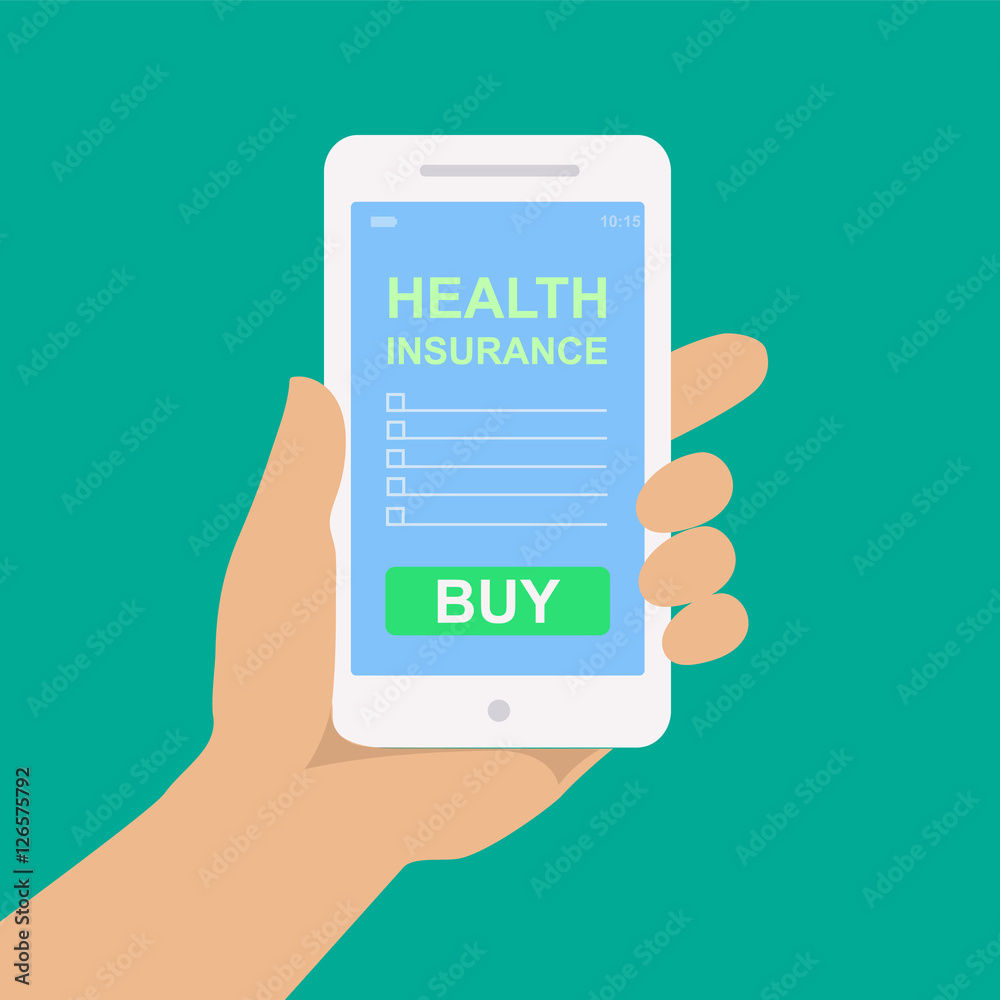 Hand holding smartphone with a form of health insurance. Hand holding smartphone with a form of health insurance.