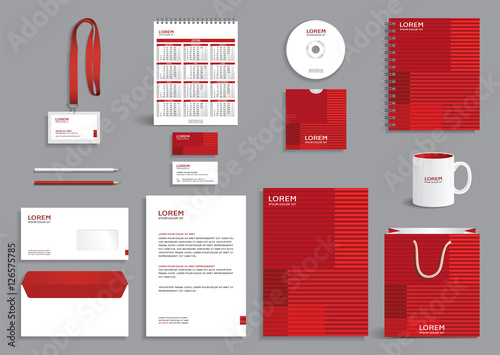 Business stationery set template, corporate identity design mock-up containing red pattern with horizontal stripes