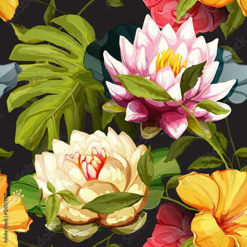 Lotus flowers and water lily with leaves. Set of design elements. Can be used in design, appearance, cards, wreath and etc. Hand drawn. All elements are separated and easy to move. Vector - stock.
