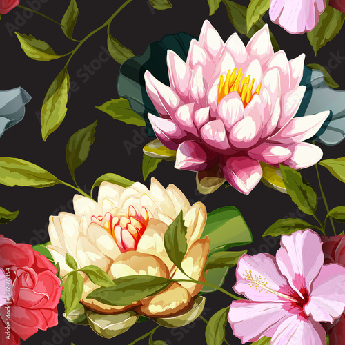 Fototapeta Naklejka Na Ścianę i Meble -  Lotus flowers and water lily with leaves. Set of design elements. Can be used in design, appearance, cards, wreath and etc. Hand drawn. All elements are separated and easy to move. Vector - stock.