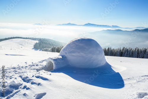 Marvelous huge white snowy hut. © Vitalii_Mamchuk