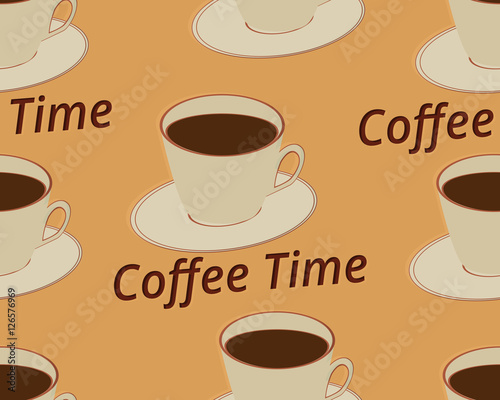 Seamless pattern with cup of coffee on a saucer. Coffee time. Vector illustration.