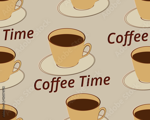 Seamless pattern with cup of coffee on a saucer. Coffee time. Vector illustration.