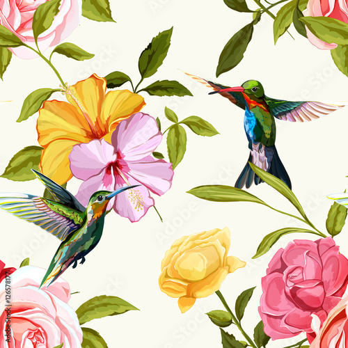 Humming bird, chinese and classic roses on white. Seamless background pattern. Hand drawn elements. Vector - stock. © iMacron