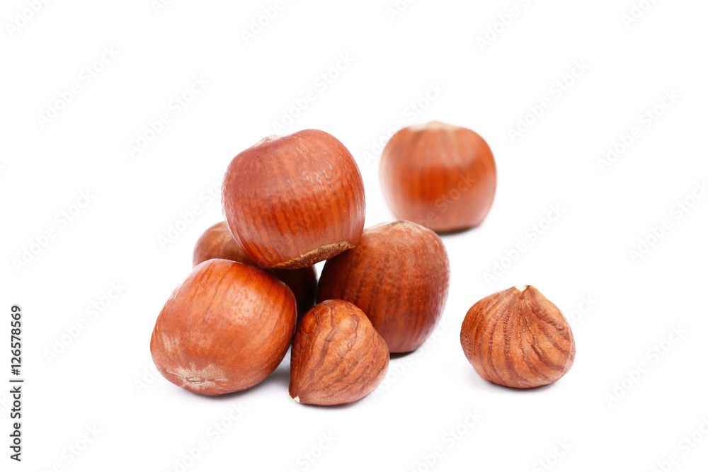 Group healty hazelnuts isolated on white background Group healty hazelnuts isolated on white background