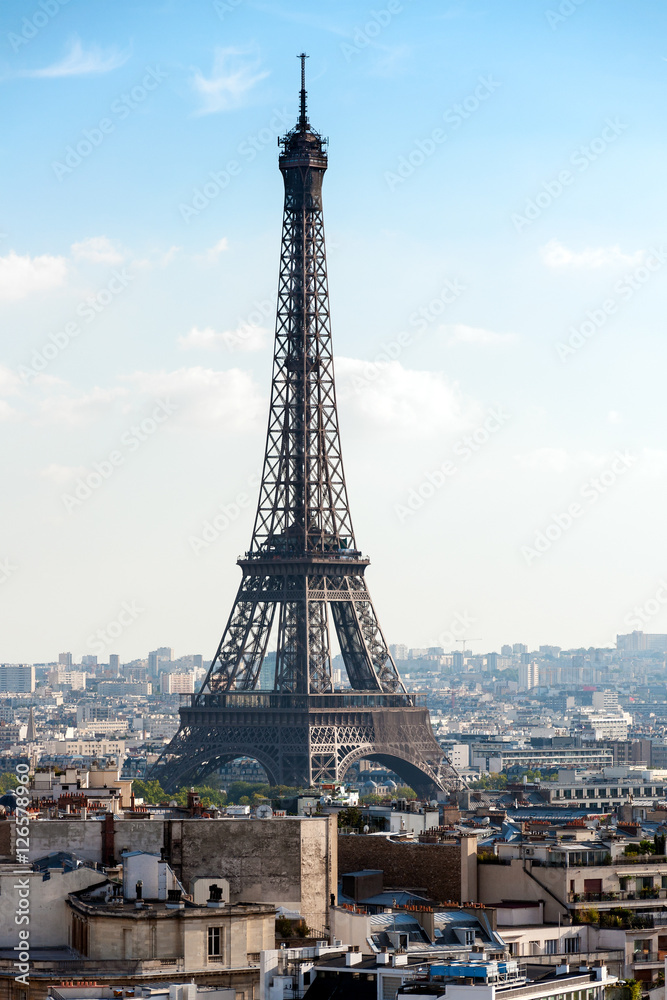 Parisian cityscape with Eiffel tower and rooftops
