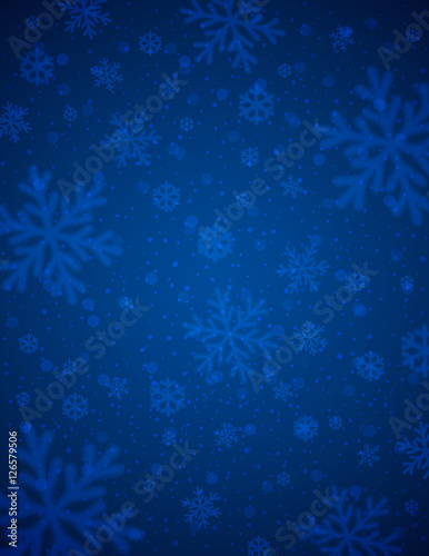 Blue  background with white blurred snowflakes, vector