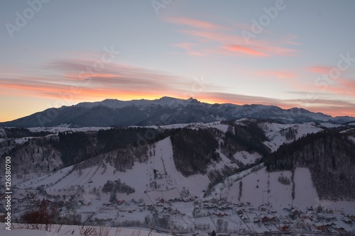 Bucegi Mountains at sunset in winter season