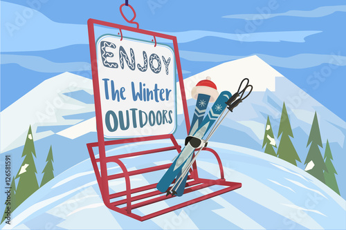 Winter holiday concept. Cartoon style. Enjoy winter outdoors. Snowy season time outdoor sport leisure banner background. Mountain ski resort valley with cableway cabin. Vector illustration
