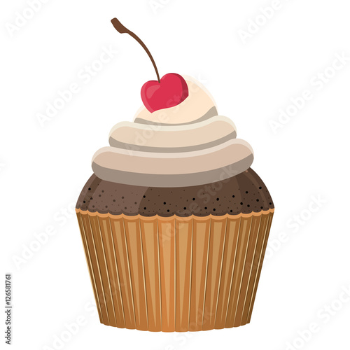 sweet cupcake dessert with cherry over white background. colorful design. vector illustration