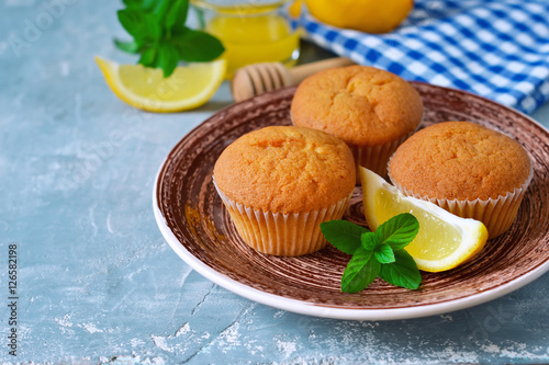 Homemade, lemon muffins with honey and mint  photo