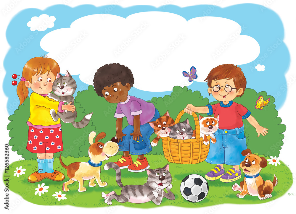 Cute kids playing with their pets in the park. Two boys, a girl, dogs ...