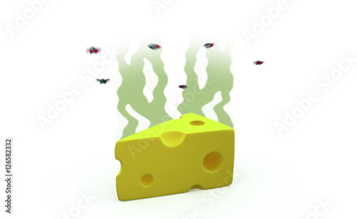 Smelly Cheese with flies, 3d illustration