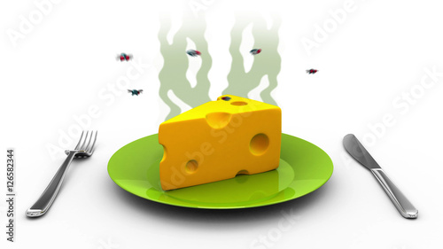 Smelly Cheese with flies, 3d illustration