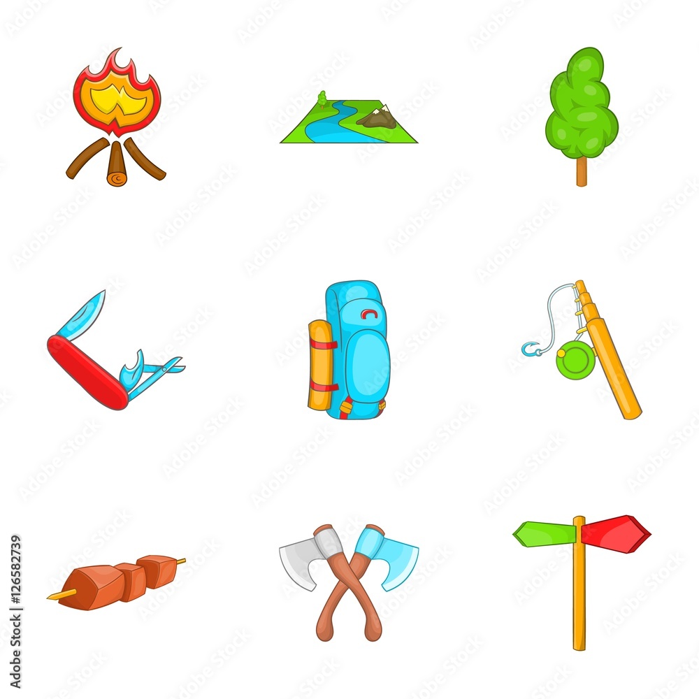 Campground icons set. Cartoon illustration of 9 campground vector icons for web Campground icons set. Cartoon illustration of 9 campground vector icons for web