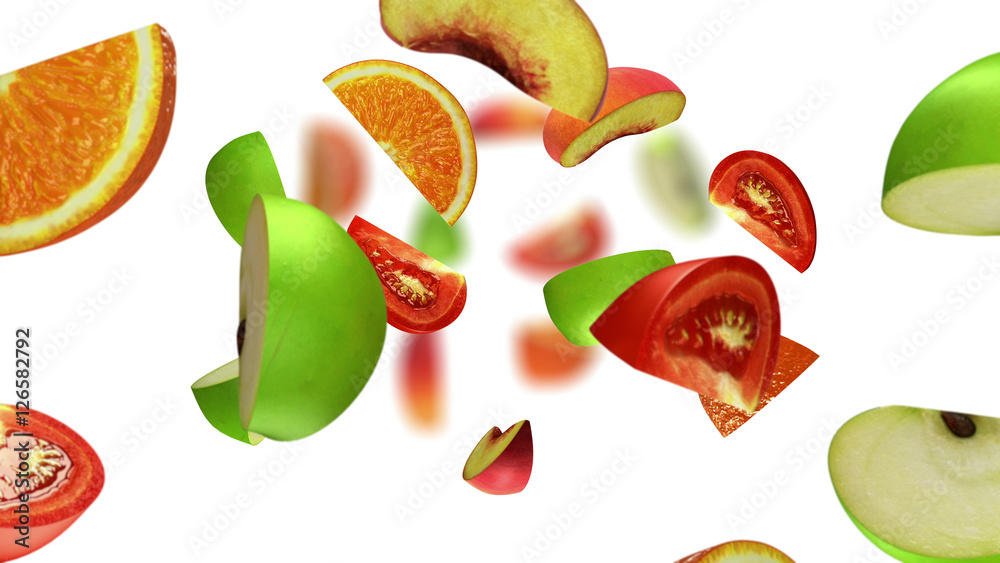 Lobules of fruits falling on white background, 3d illustration Lobules of fruits falling on white background, 3d illustration