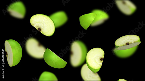 Green apple segments falling on black background, 3d illustration