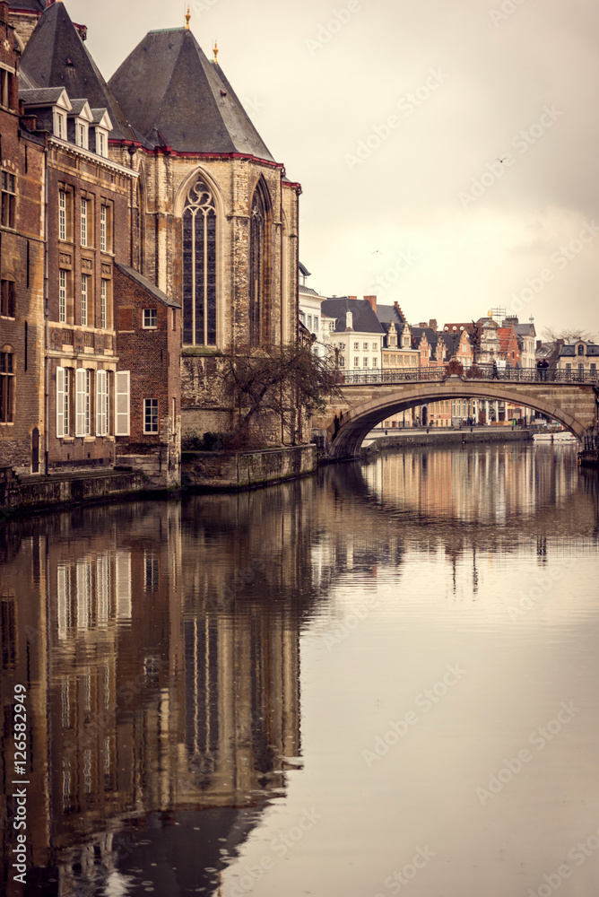 Reflection of St. Michael's Bridge in Gent, Belgium