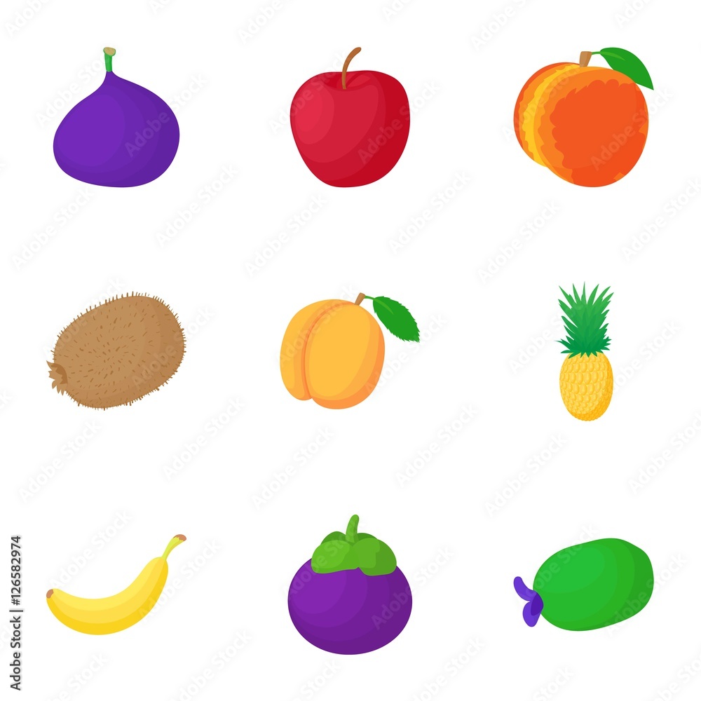 Naklejka Organic fruit icons set. Cartoon illustration of 9 organic fruit vector icons for web