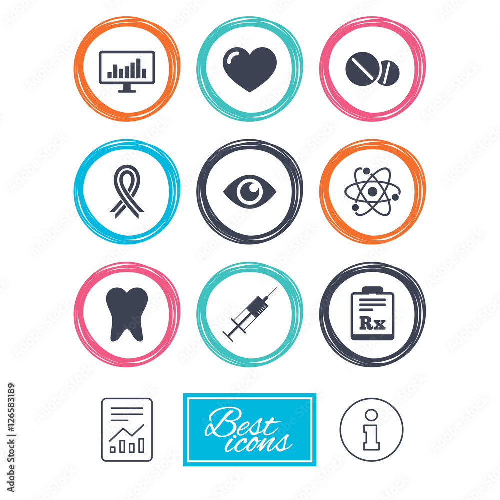 Medicine, medical health and diagnosis icons. Syringe injection, heart and pills signs. Tooth, awareness ribbon symbols. Report document, information icons. Vector