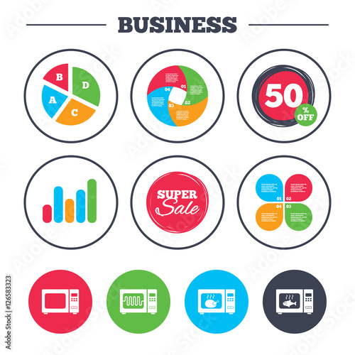 Business pie chart. Growth graph. Microwave oven icons. Cook in electric stove symbols. Grill chicken and fish signs. Super sale and discount buttons. Vector